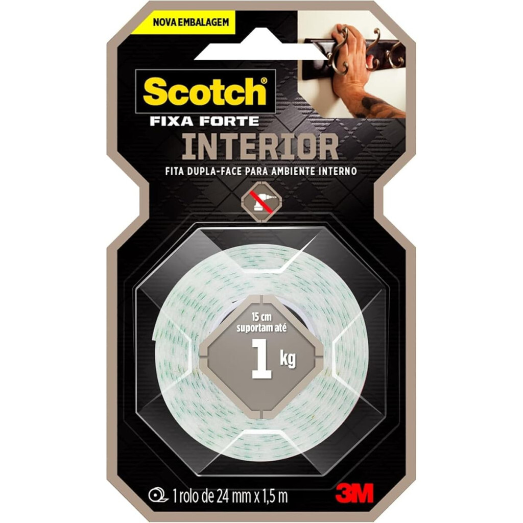 Scotch, 3m, Fixa Forte, Fita Dupla Face, Espuma, 24mm X 1,5m
