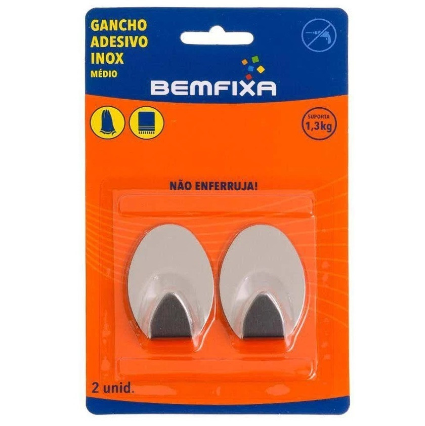 Gancho Adesivo de Inox Médio com 2 Unidades  - Bemfixa