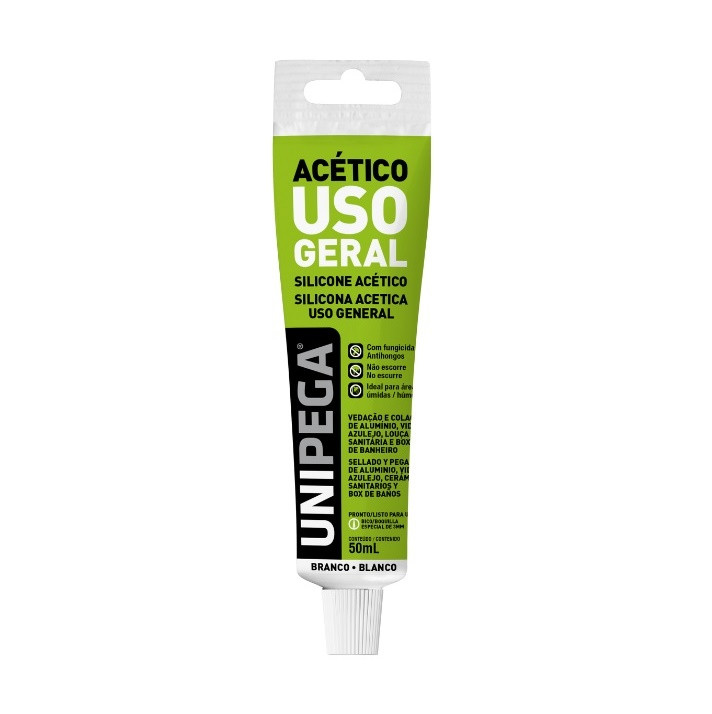 Silicone Acético 100% Profissional 50ml Branco - Unipega