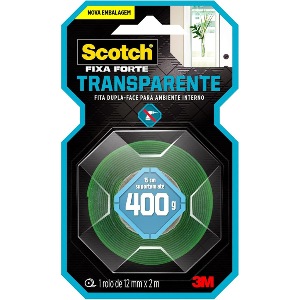 Scotch, 3m, Fixa Forte, Fita Dupla Face, Transparente, 12mm X 2m