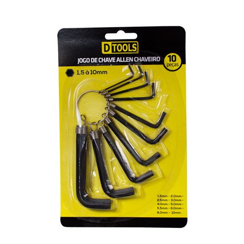Jogo Chave Hexagonal 1,5 a 10mm com 10 Peças - Dtools