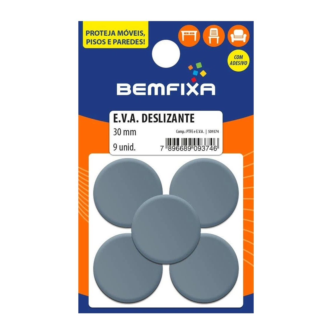 Protetor Adesivo Eva Deslizante Cinza Redondo 30mm com 9 Peças - Bemfixa