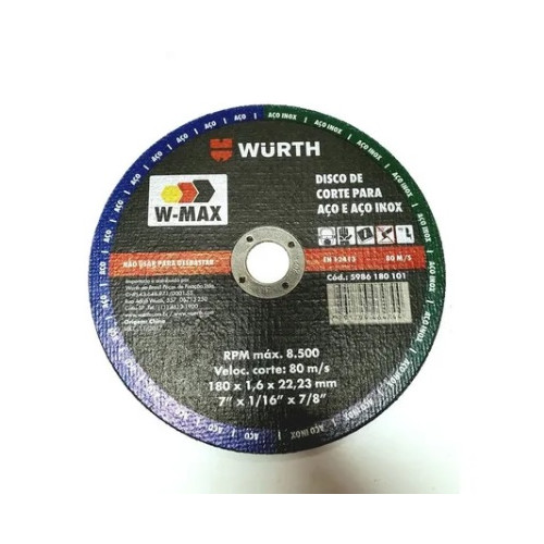 Disco de Corte Ferro 180mm 7" 1,6mm Wurth
