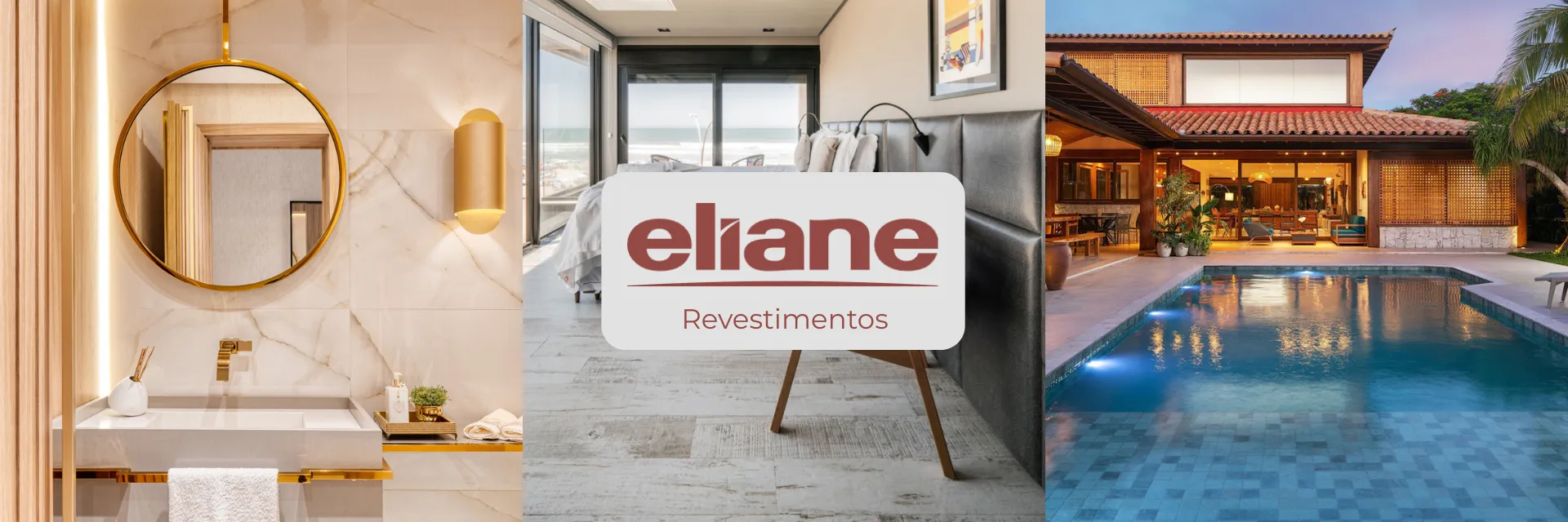 Banheiro com revestimentos claros, espelho redondo e detalhes dourados