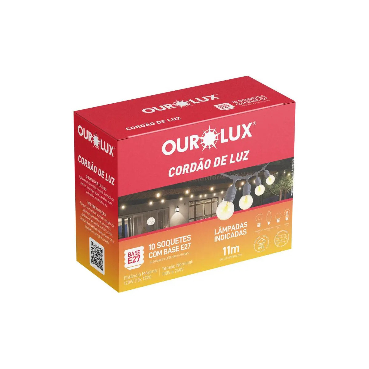 Cordão de Luz para 10 Lâmpadas E27 Ip65 11m Varal Preto