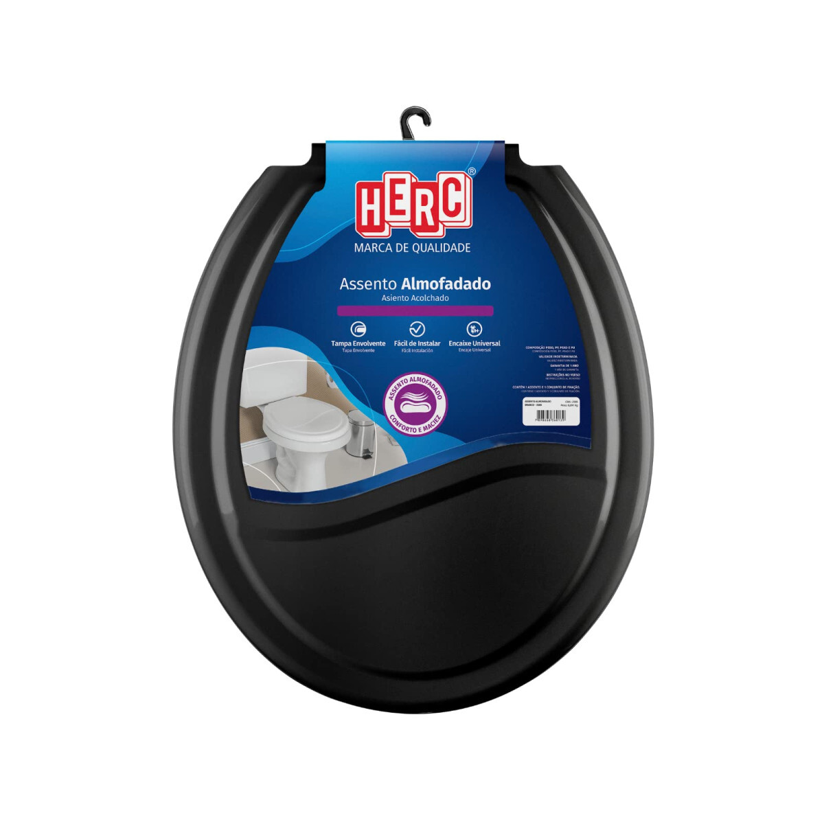 Assento Sanitário Herc Almofadado com Forma Oval Preto Lisa