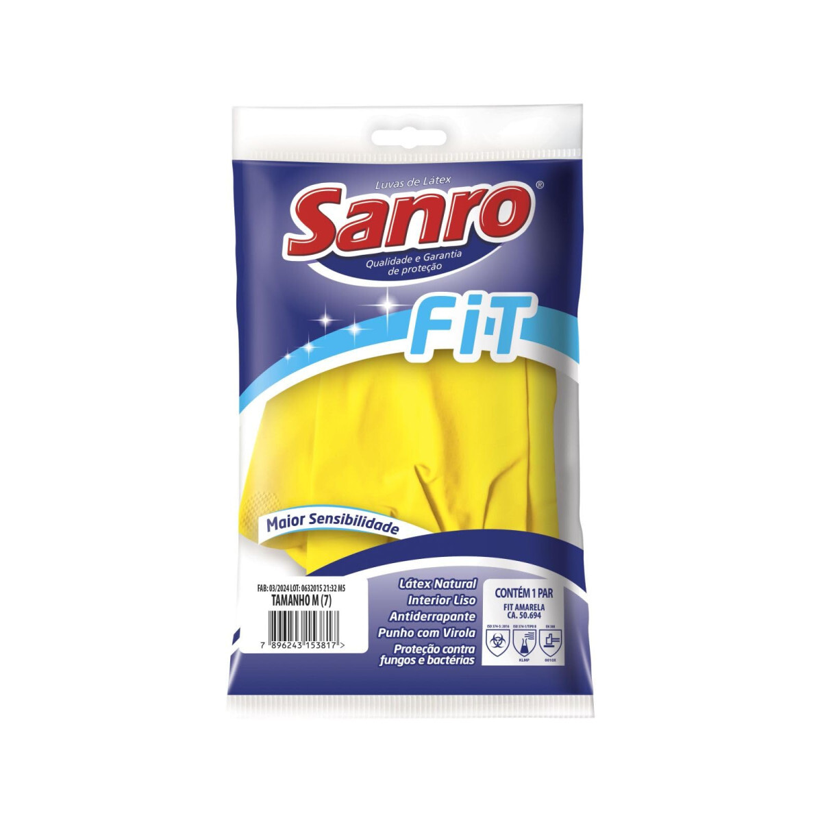 Kit 12 Prs Luva Látex Amarela Sanro Fit Limpeza Leve e Louça