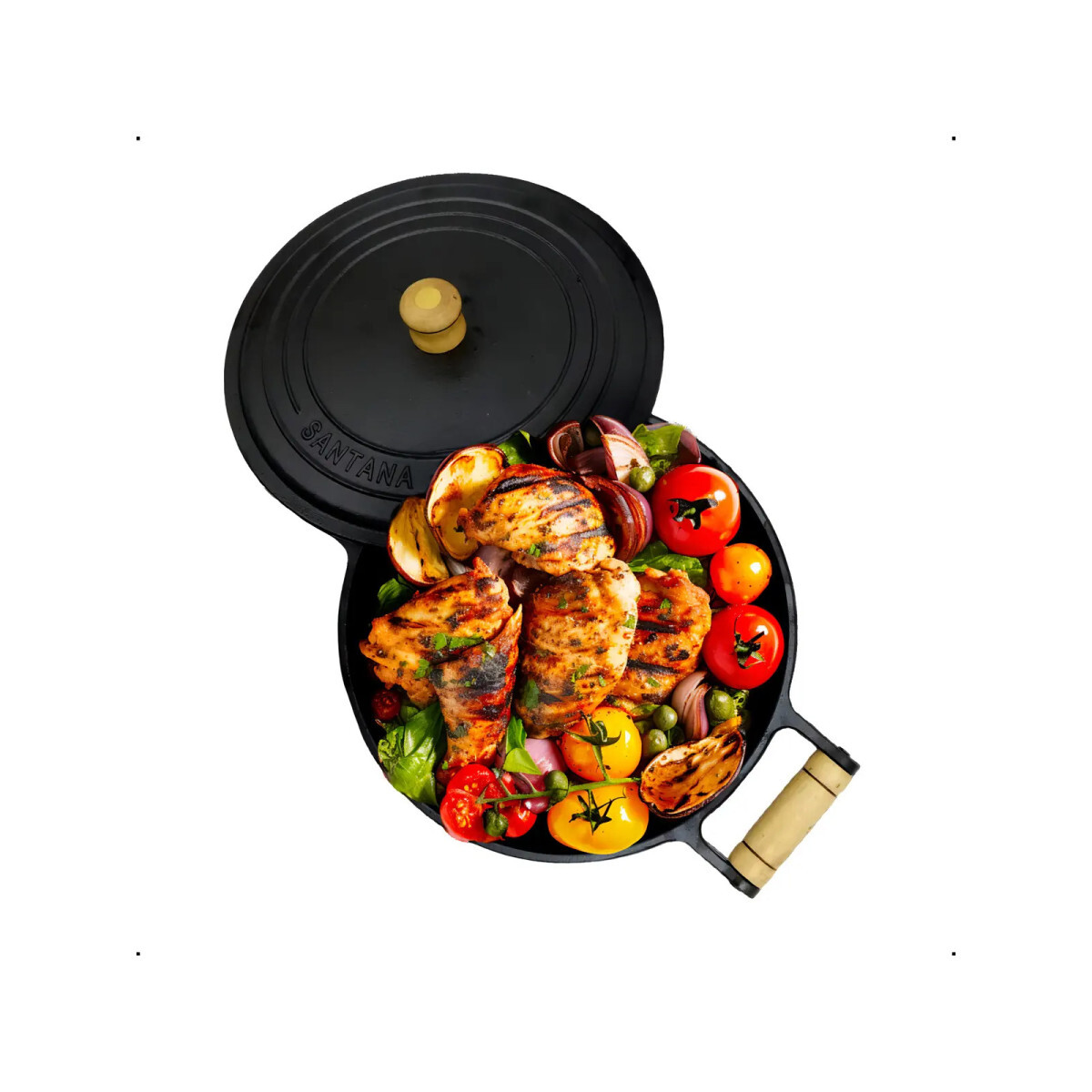 Caçarola de Ferro Fundido 26 Cm com Alças de Madeira e Tampa