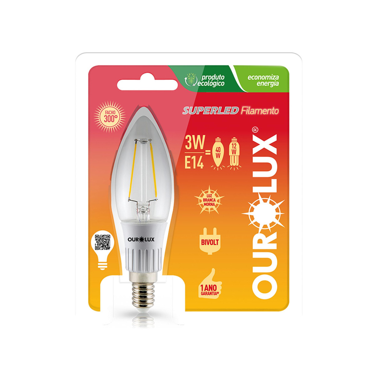 Kit 4 Lâmpadas Led Vela Filamento E14 3w 6000k Ourolux Branc