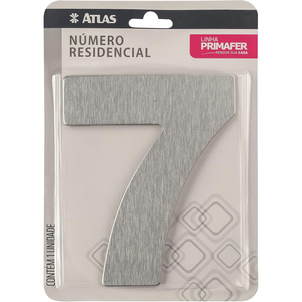 Número Residencial de Alumínio Escovado com Adesivo, 7 (sete), Cor Prata, Linha Primafer, Atlas.