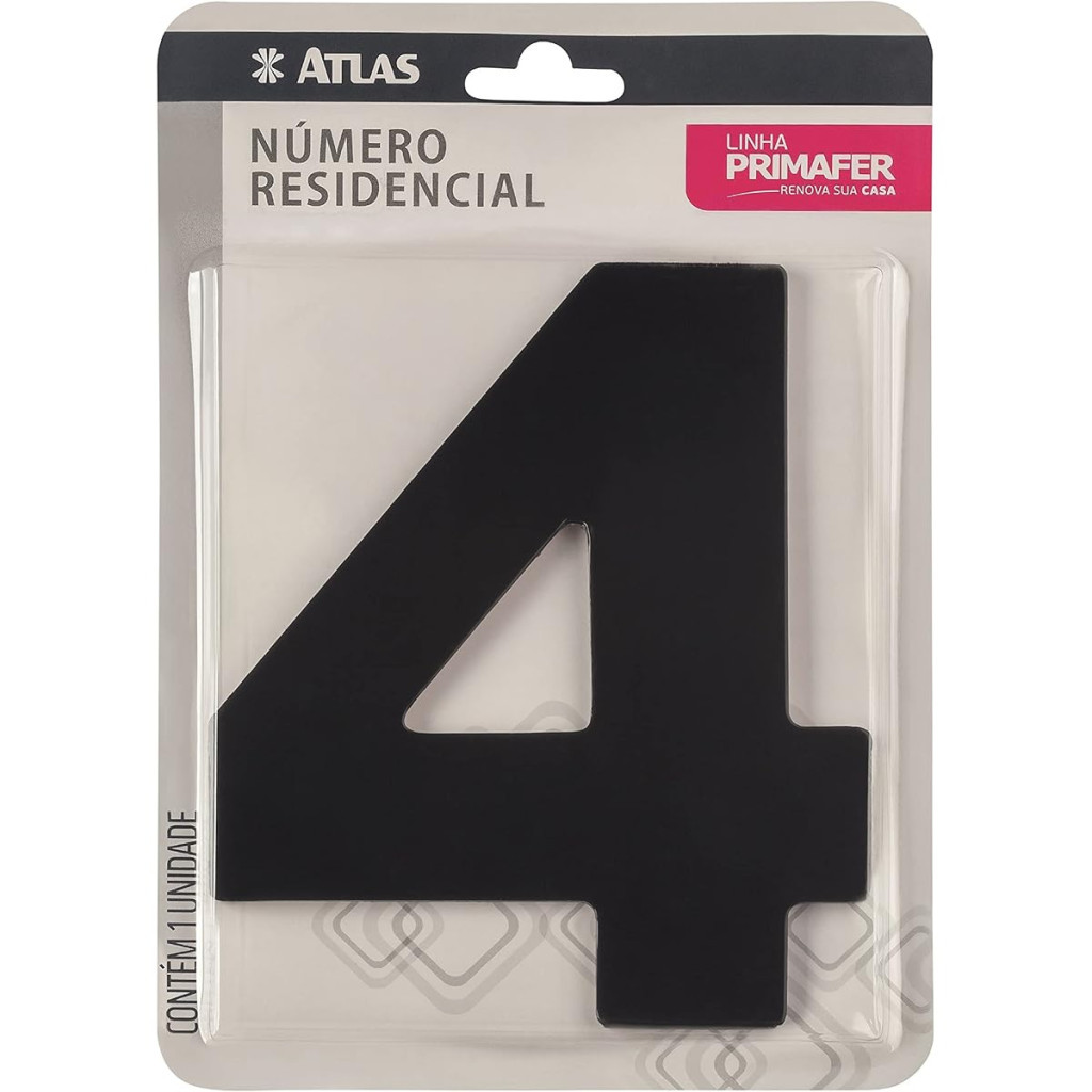 Número Residencial de Alumínio com Adesivo, 4 (quatro), Cor Preta, Linha Primafer, Atlas.