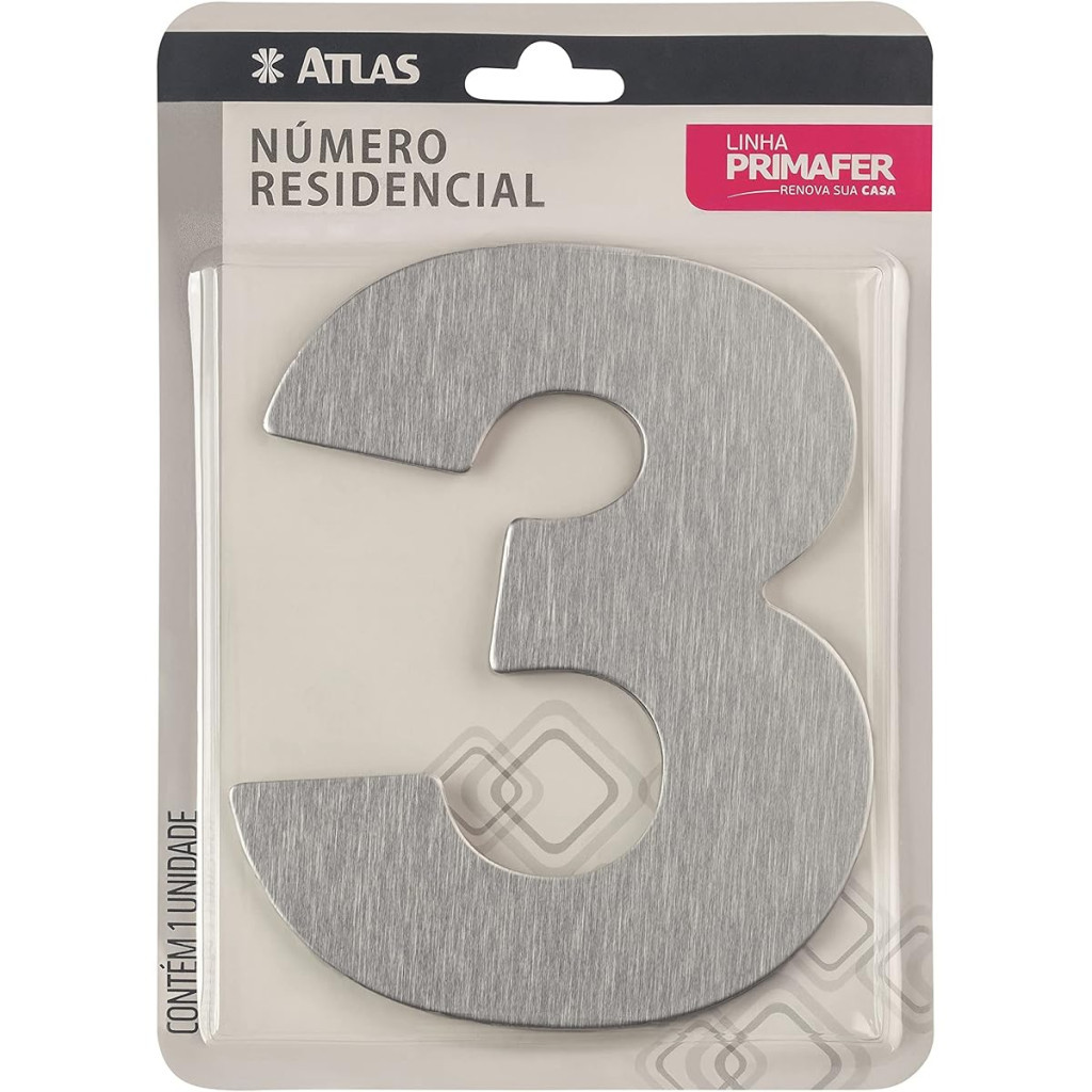 Número Residencial de Alumínio Escovado com Adesivo, 3 (três), Cor Prata, Linha Primafer, Atlas.