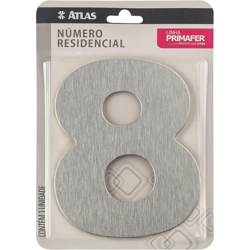 Número Residencial de Alumínio Escovado com Adesivo, 8 (oito), Cor Prata, Linha Primafer, Atlas.