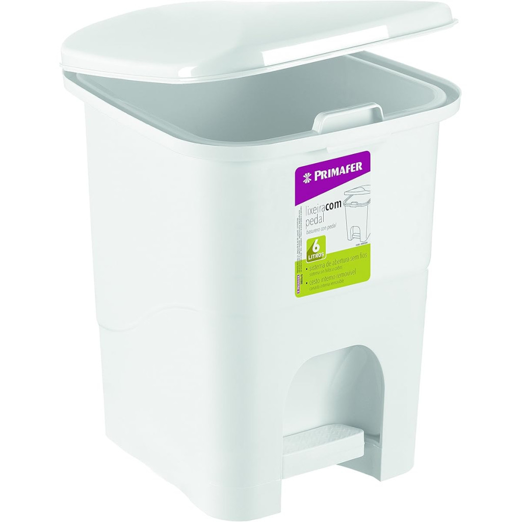 Lixeira Retangular com Pedal Plástico Primafer Branco 6 Litros