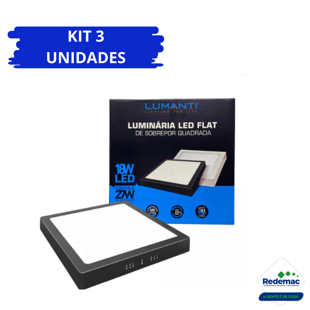 Kit 3 Painel Led Sobrepor Q Preto 18w 6500k