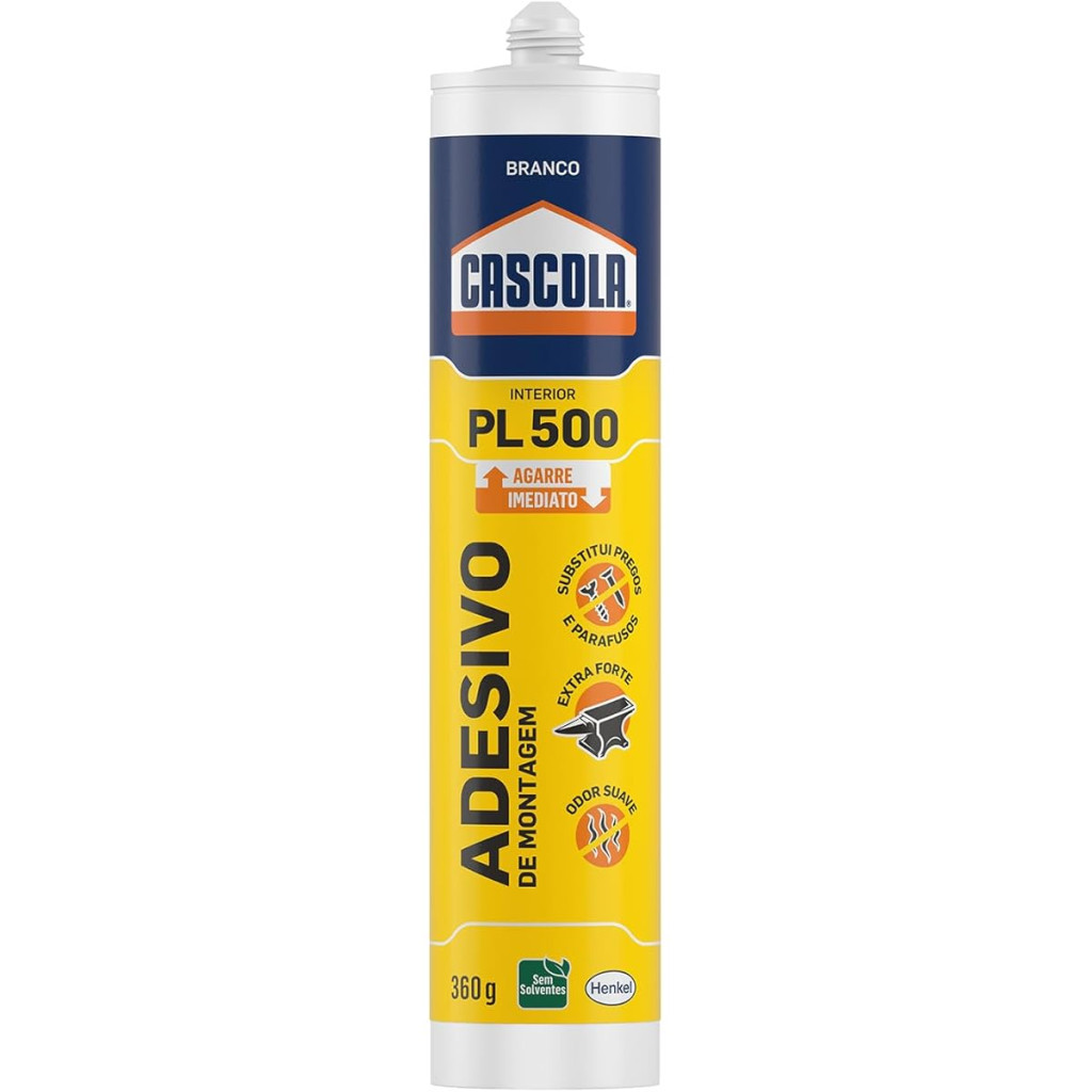 Cola Cascola Monta & Fixa Pl 500 Interior, Adesivo de Montagem Extraforte, Cola para Madeira, Mdf, Compensado, Concreto, Entre Outros Materiais, Cola com Agarre Imediato, Cartucho com 360g