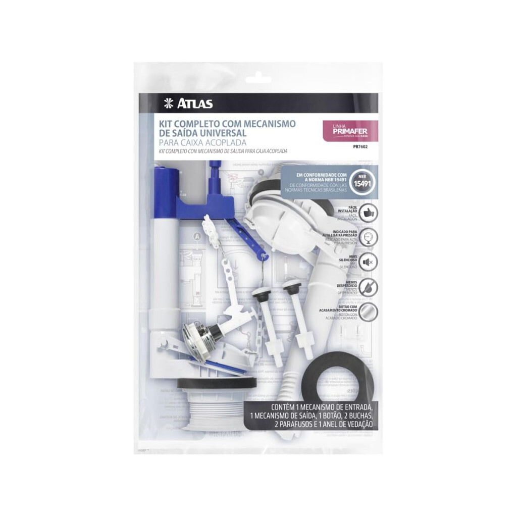 Atlas - Kit Completo com Mecanismo de Saída Universal para Caixa Acoplada, Linha Primafer.