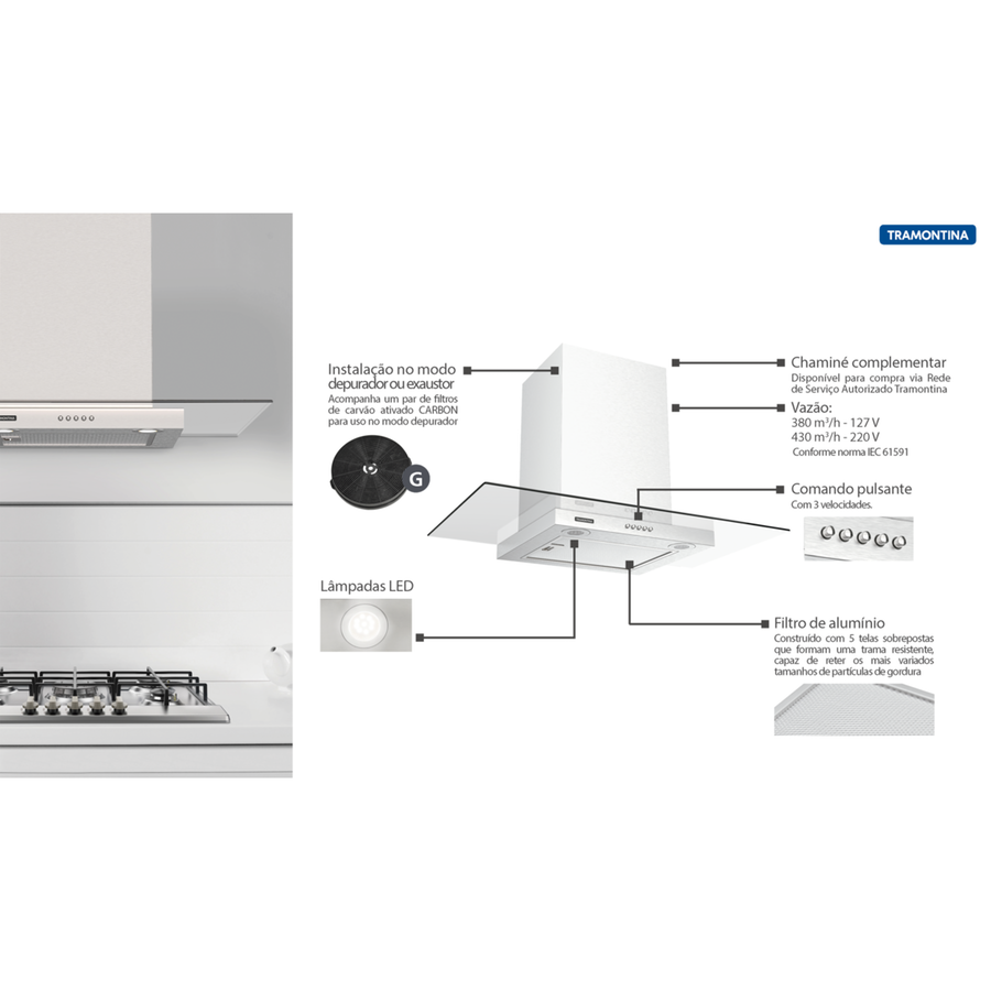 Coifa de Parede Tramontina Basic 90cm em Aço Inox 220v
