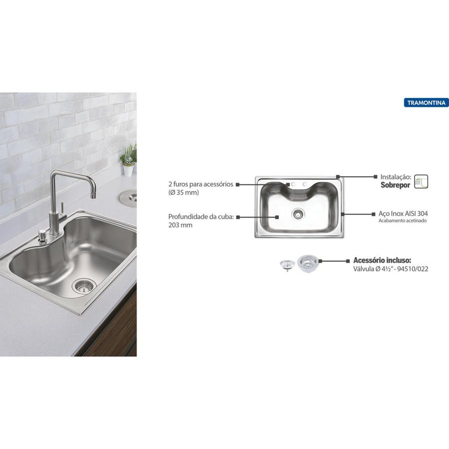 Cuba de Sobrepor em Aço Inox com Acabamento Acetinado Tramontina Morgana 69 X 49cm