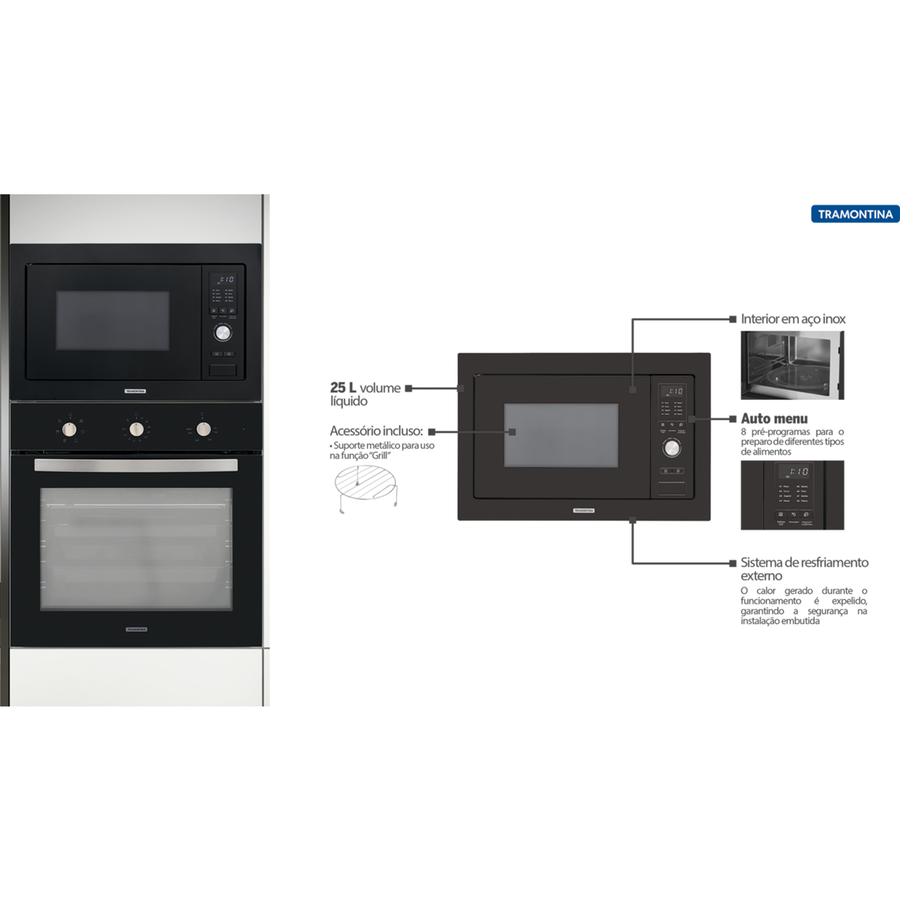 Micro-ondas de Embutir 25l 6 Funções em Vidro Temperado Tramontina Glass 60 1000w 220v