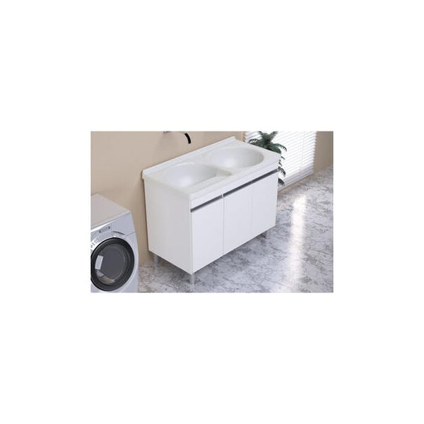 Armario Kit Lavanderia Amelia com Tanque Duplo 110cm X 55cm Branco Gelo - Rorato