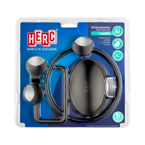 Kit de Acessórios para Banheiro Lavello Preto e Cromado com 4 Peças - Herc