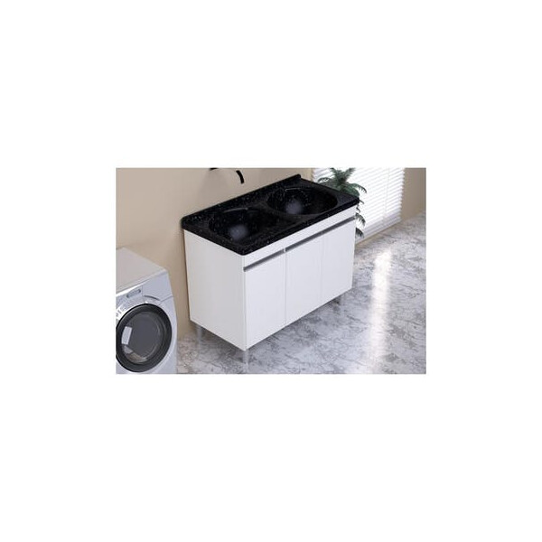 Armario Kit Lavanderia Amelia com Tanque Duplo 110cm X 55cm Branco e Preto - Rorato