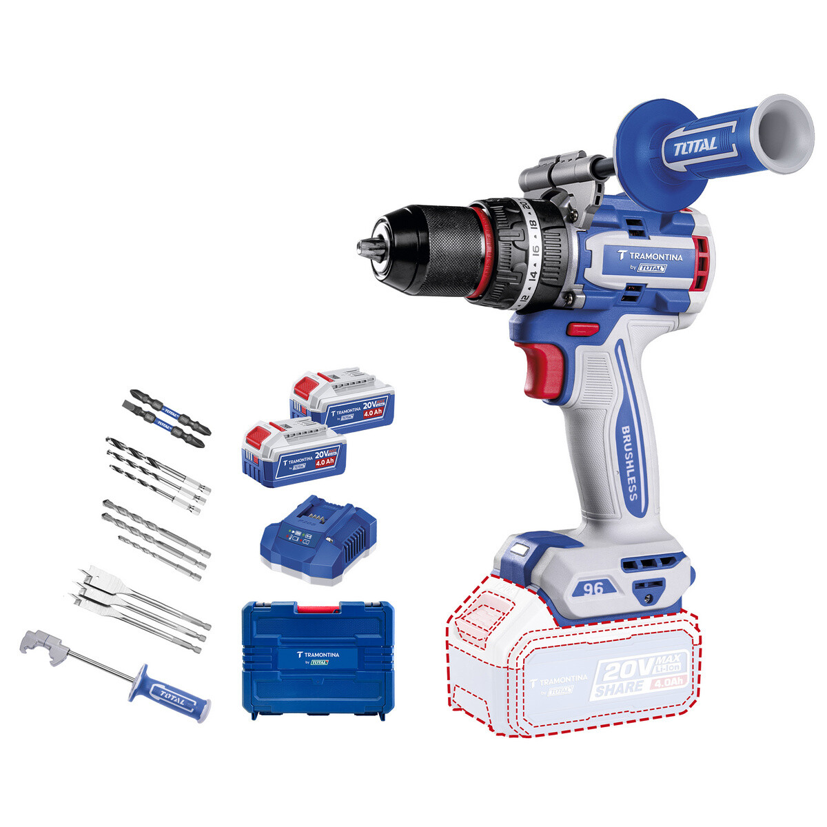 Parafusadeira e Furadeira de Impacto 1/2pol (13mm) 96.nm 2 Baterias 4ah 20v By Total - Tramontina