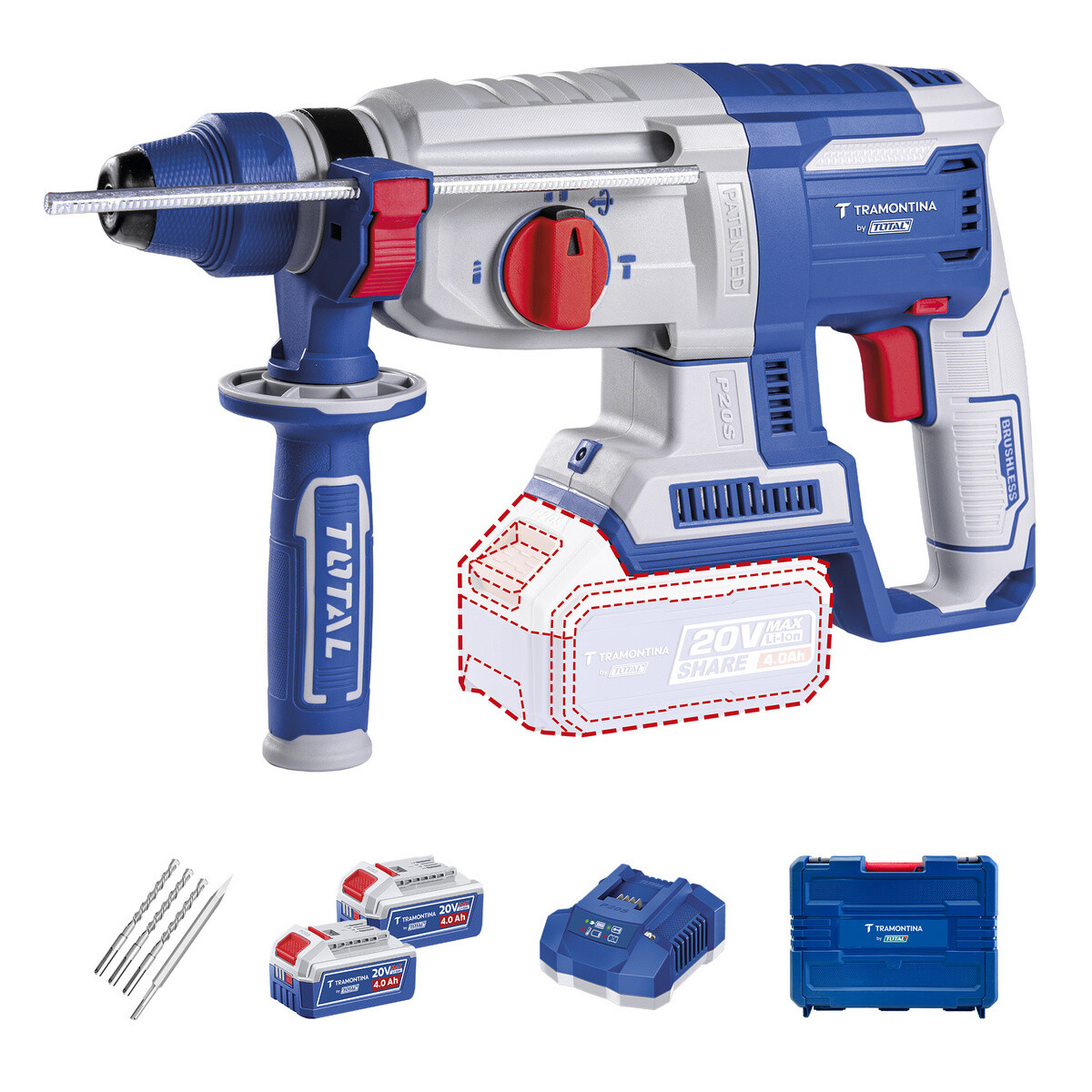 Martelete Perfurador Rompedor Sds Plus 1pol com 2 Baterias, Carregador e Maleta 4ah 20v By Total - Tramontina