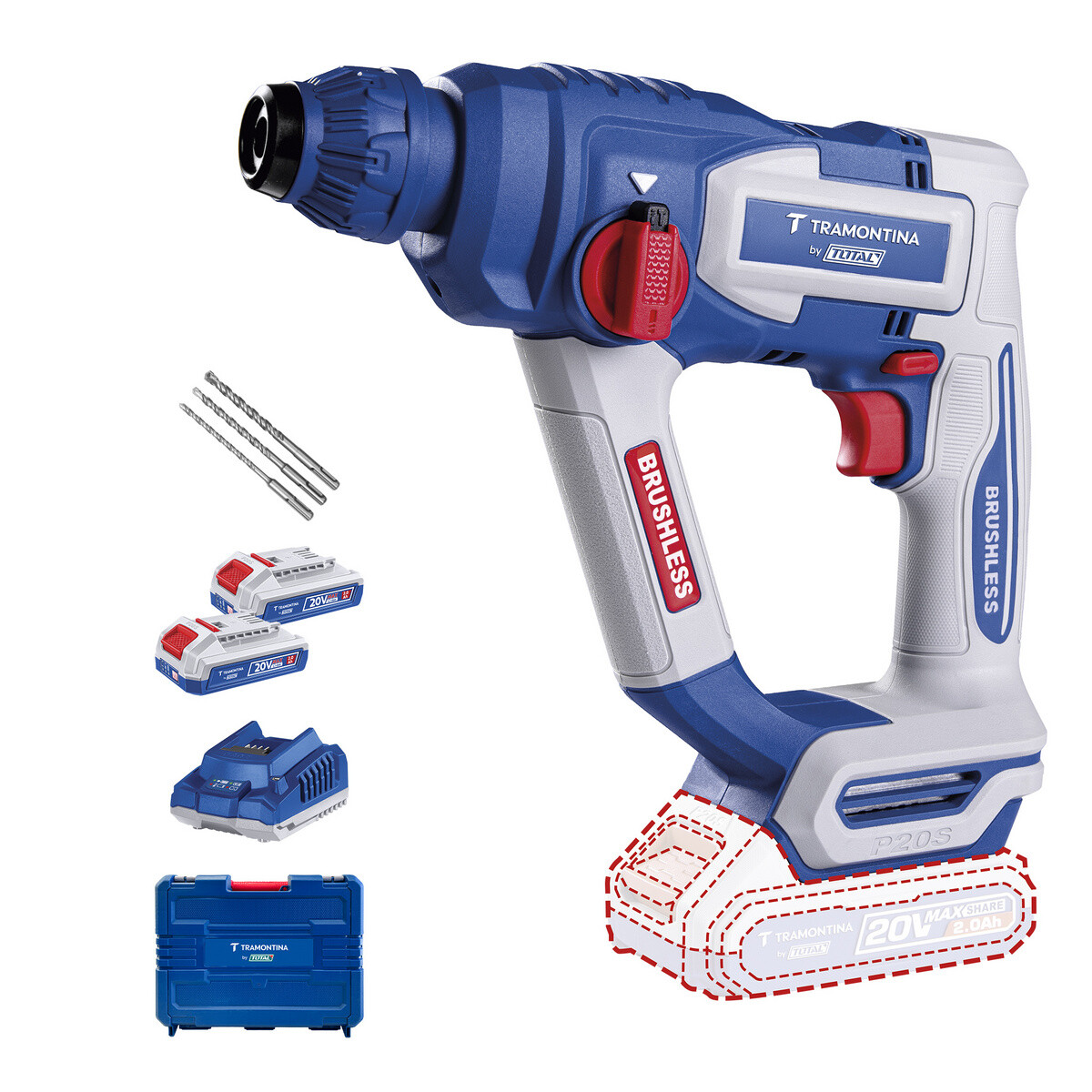 Martelete Perfurador Rompedor Sds Plus 11/16pol 2 Baterias, Carregador e Maleta 2ah 20v By Total - Tramontina