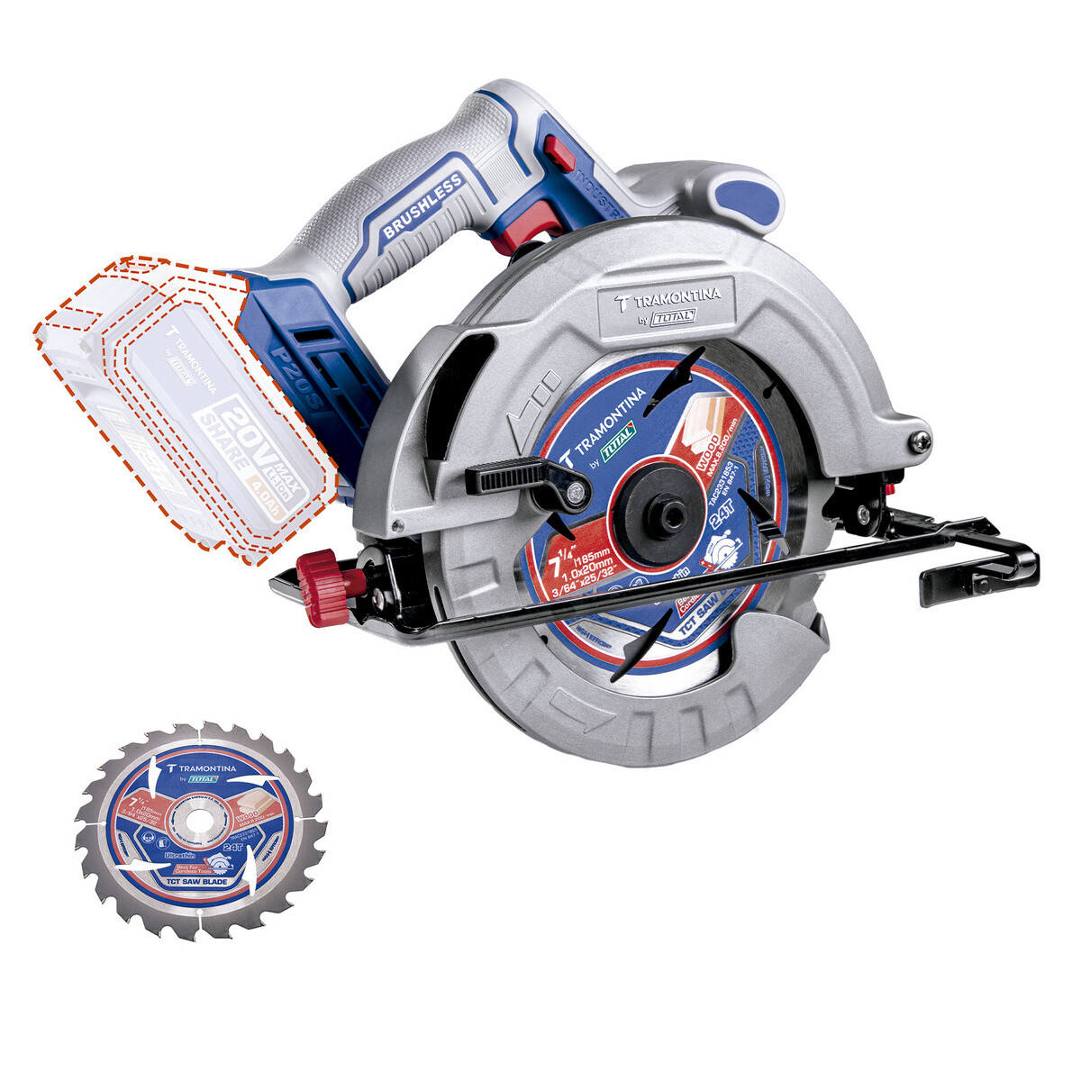 Serra Circular 7-1/4pol Sem Bateria 4800rpm 20v By Total - Tramontina