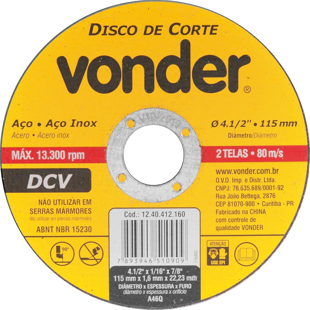 Disco de Corte 115,0x1,6x22,23 para Aço Carbono e Inox - Vonder