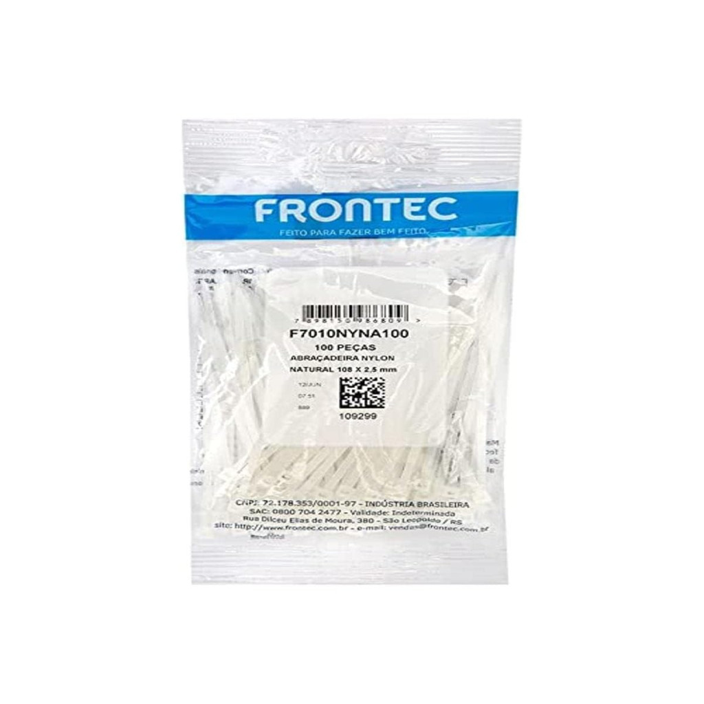Abraçadeira Nylon Natural 100 X 2,5mm, Frontec, 100 Unidades