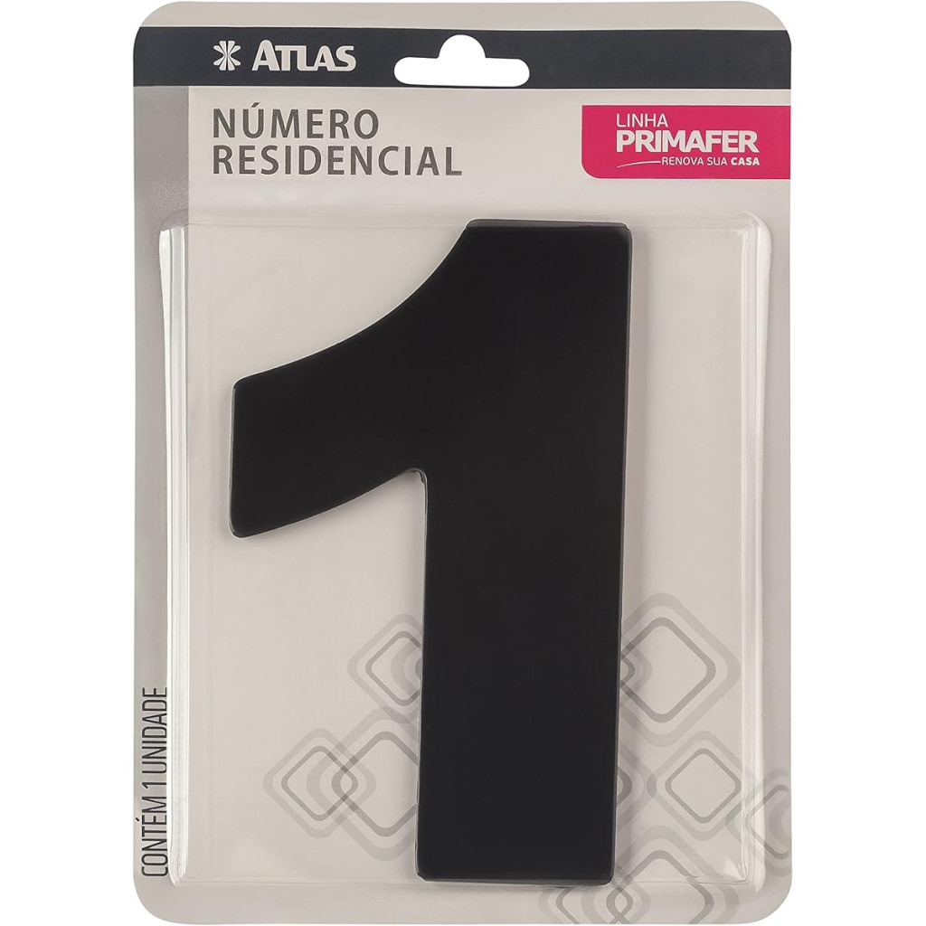 Número Residencial de Alumínio com Adesivo, 1 (um), Cor Preta, Linha Primafer, Atlas.