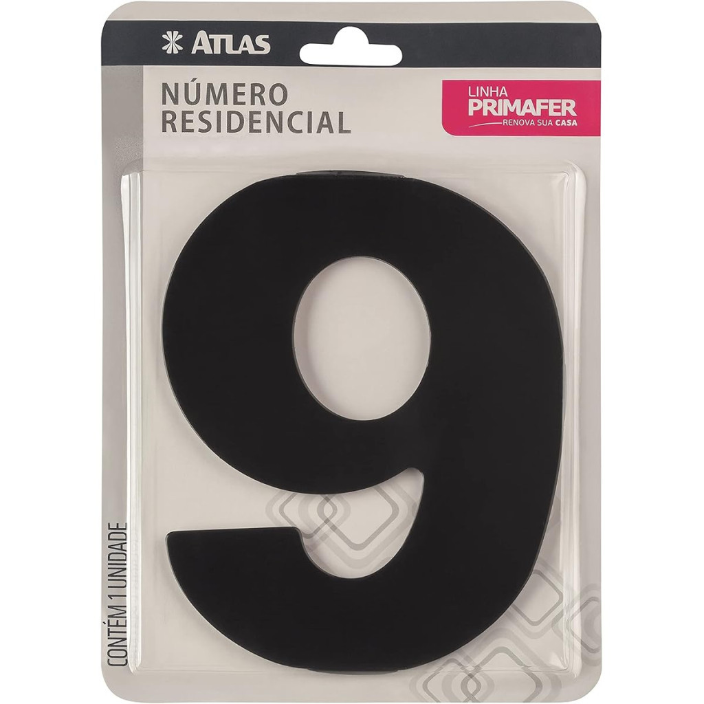 Número Residencial de Alumínio com Adesivo, 9 (nove), Cor Preto, Linha Primafer, Atlas.