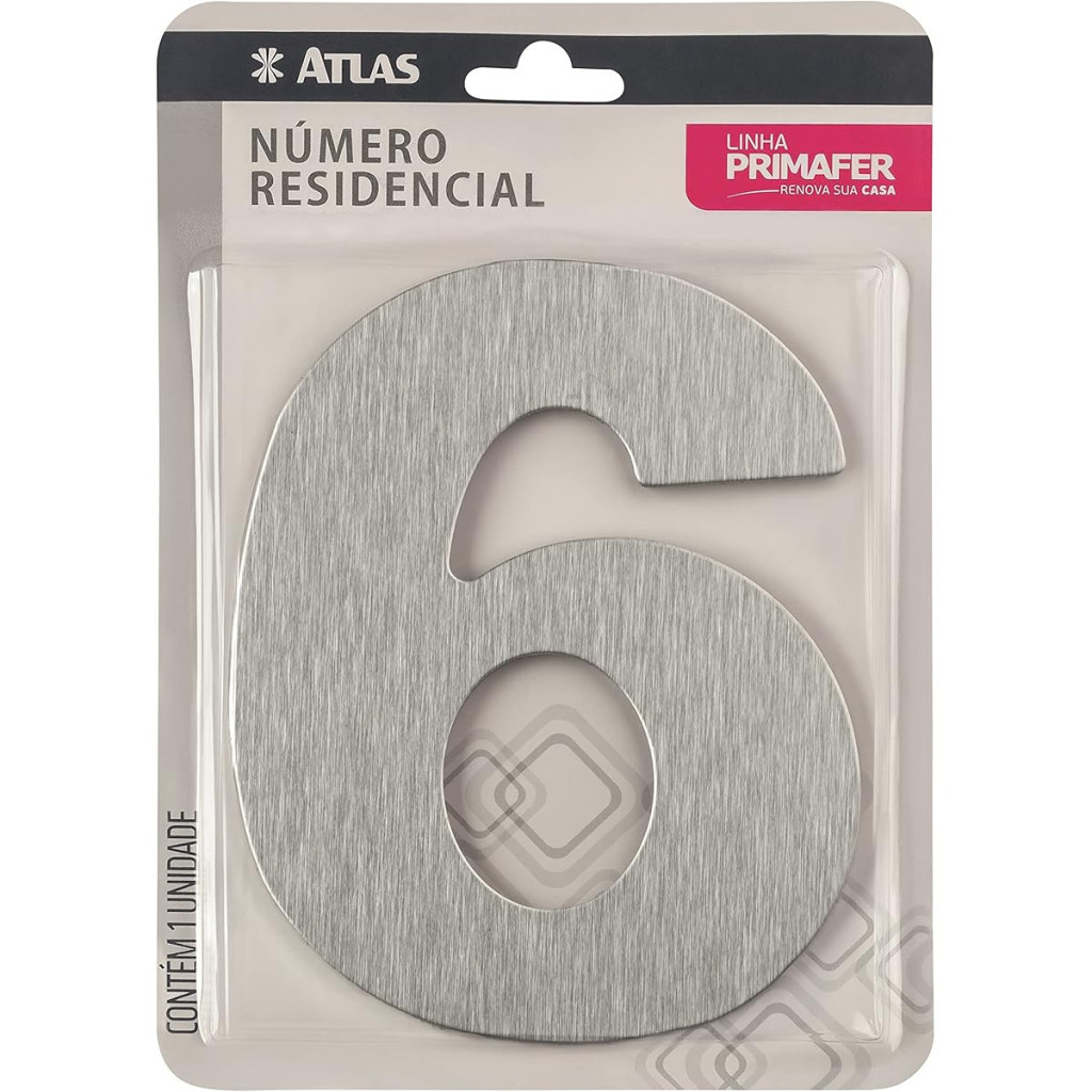 Número Residencial de Alumínio Escovado com Adesivo - 6 (seis) - Cor Prata - Linha Primafer - Atlas.