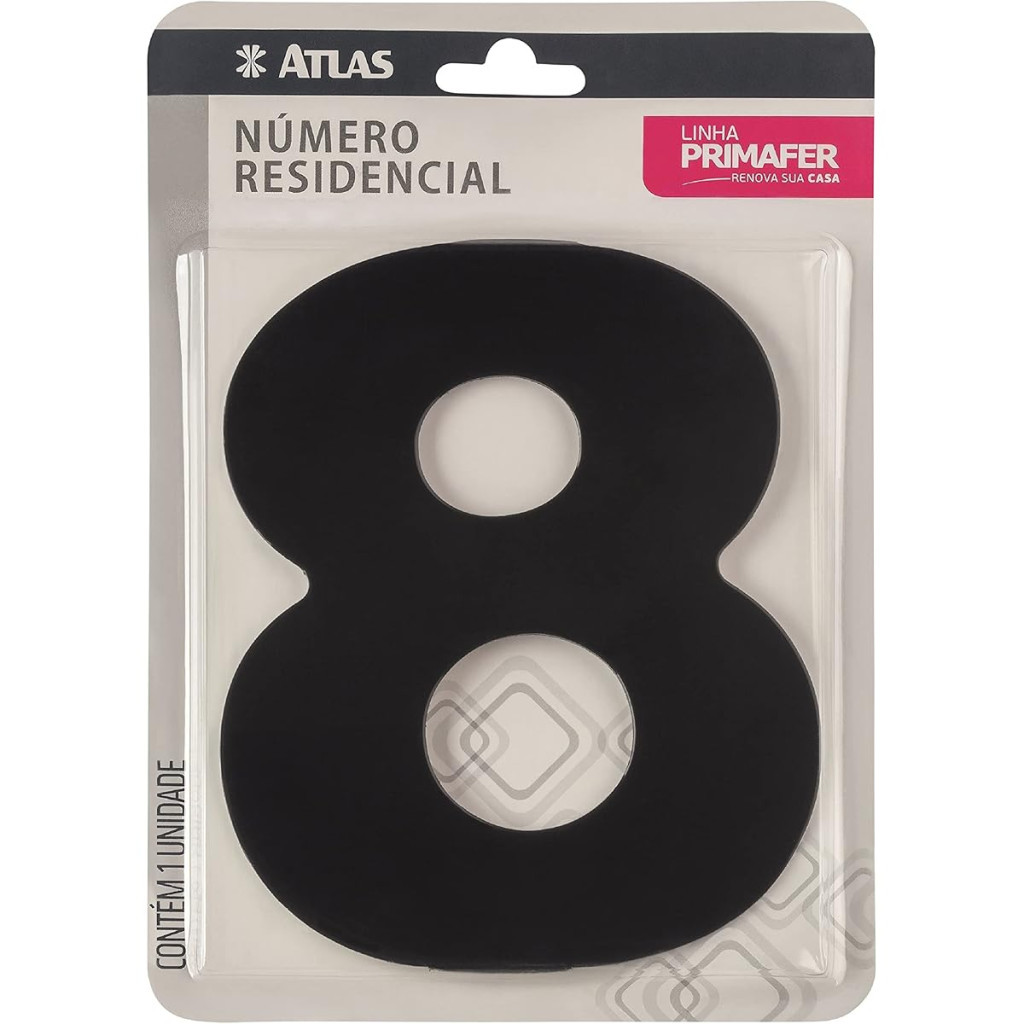 Número Residencial de Alumínio com Adesivo, 8 (oito), Cor Preta, Linha Primafer, Atlas.