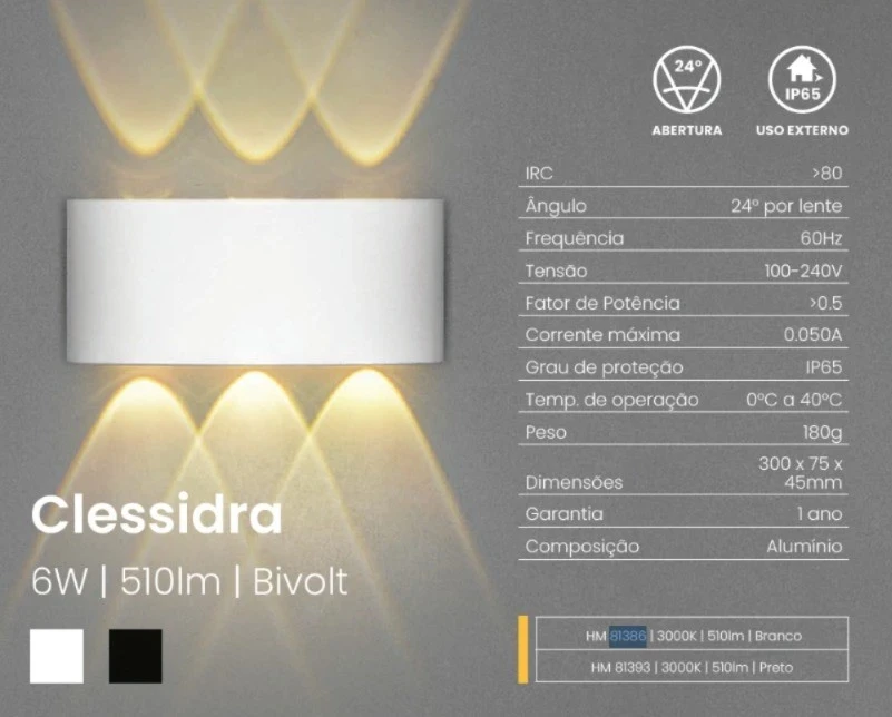 Opus Arandela Sob Clessidra 6w 3000k Branco 81386