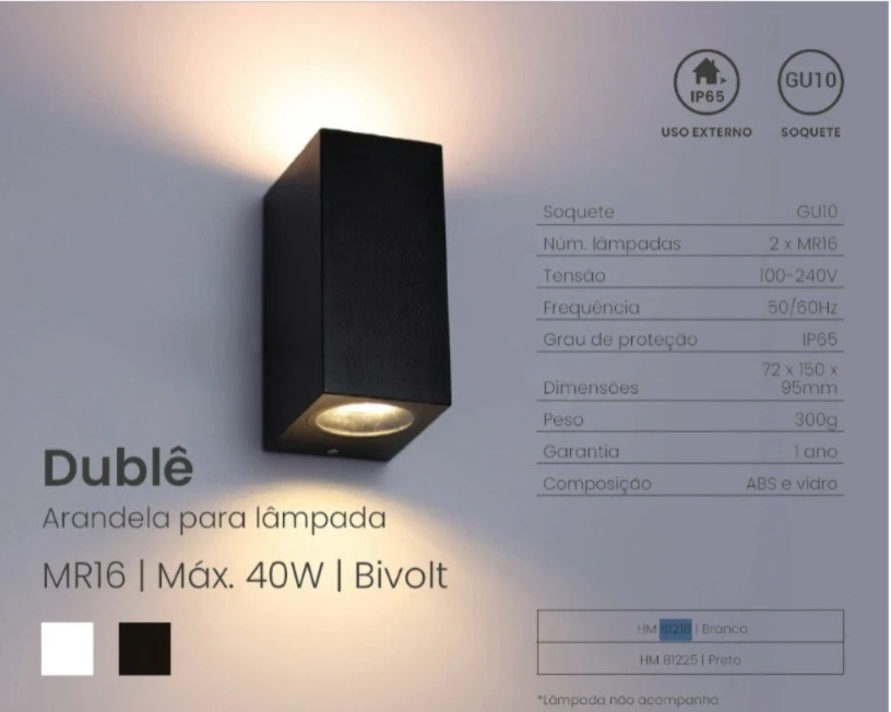 Opus Arandela Sob Duble Lamp Gu10 Preto 81225