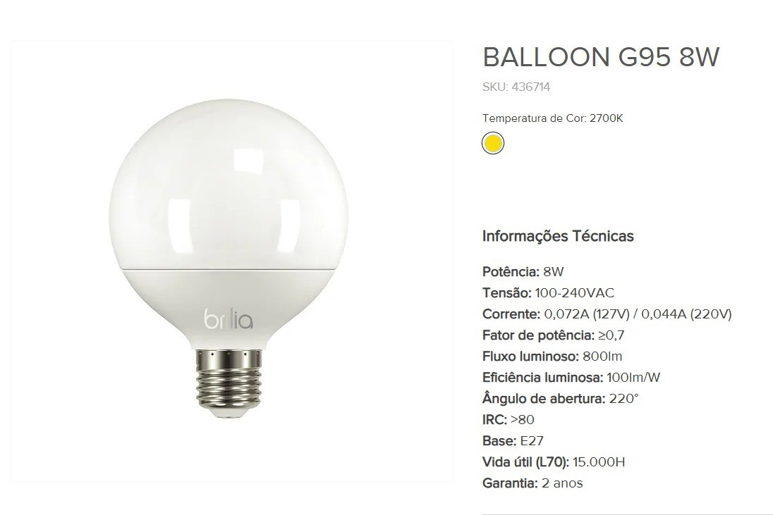 Lampada Led G95 Brilia E27 8w 2700k 436714