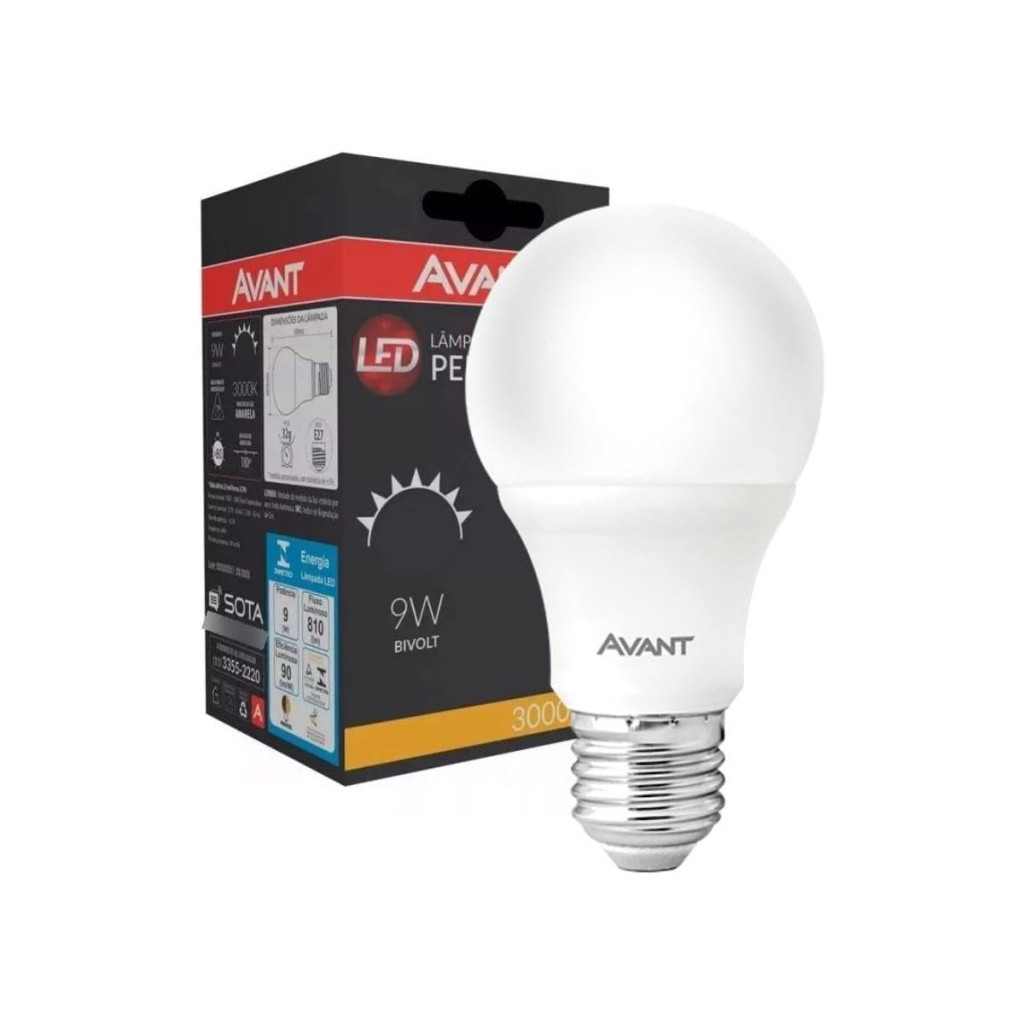 Lâmpada Pera Led, 9w, Luz Amarela 3000k, Soquete E27, Bivolt, Avant