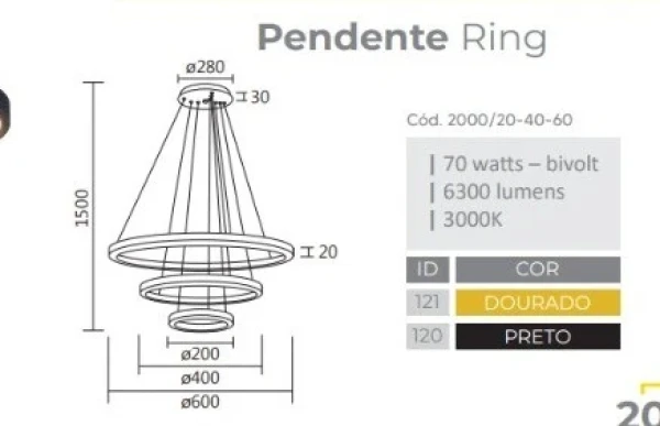Spotline Pendente 3 Aneis 20/40/60 70w 3000k Pt