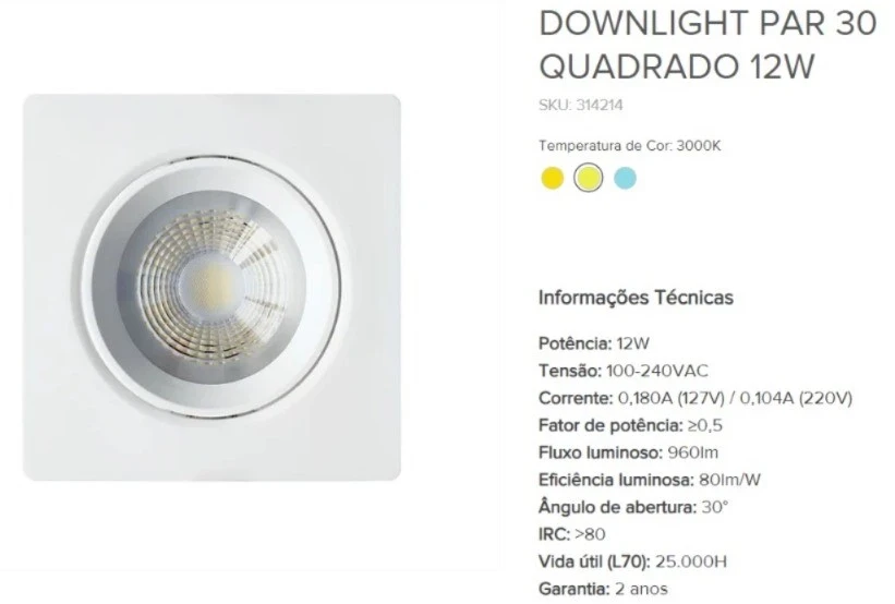 Spot Brilia Downlight 12w 3000k Autovolt Par30 314214 Br